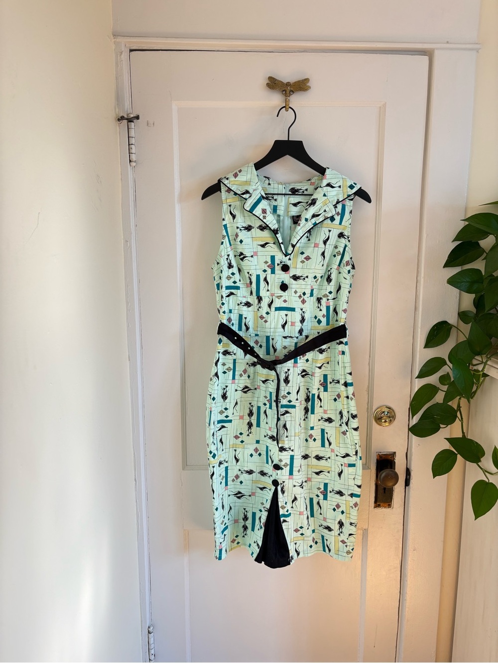 Voodoo Vixen Mint Green Cat Print Sleeveless Pencil Dress Black Trim Belted